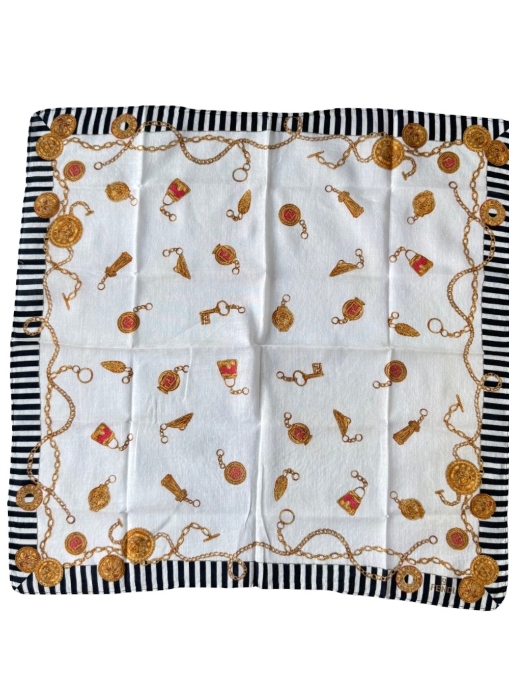 Vintage Fendi Scarf Neckerchief Pocket Square White Chain Medallion Bandana 17"
